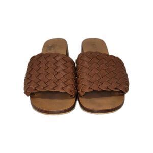 Liberte Women's Santorini Woven Leather Mule Cognac Wood Block Heel Sandals 8